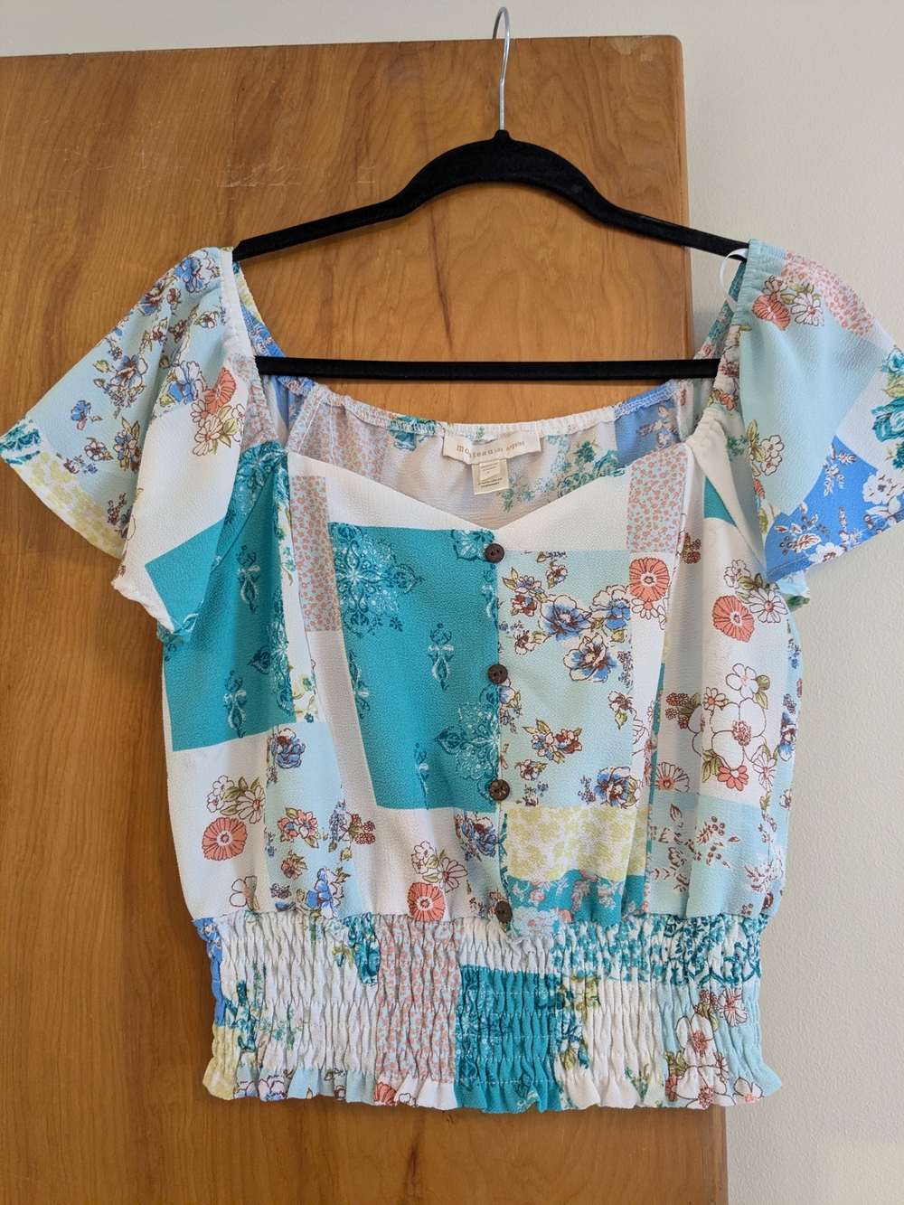 Patchwork Floral Smocked Waist Cropped Blouse - Turquoise/White